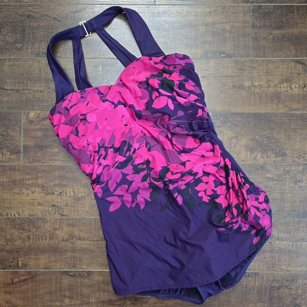 Lands' End Slender Swimsuit Skirted Purple Pink One Piece Size 10DD